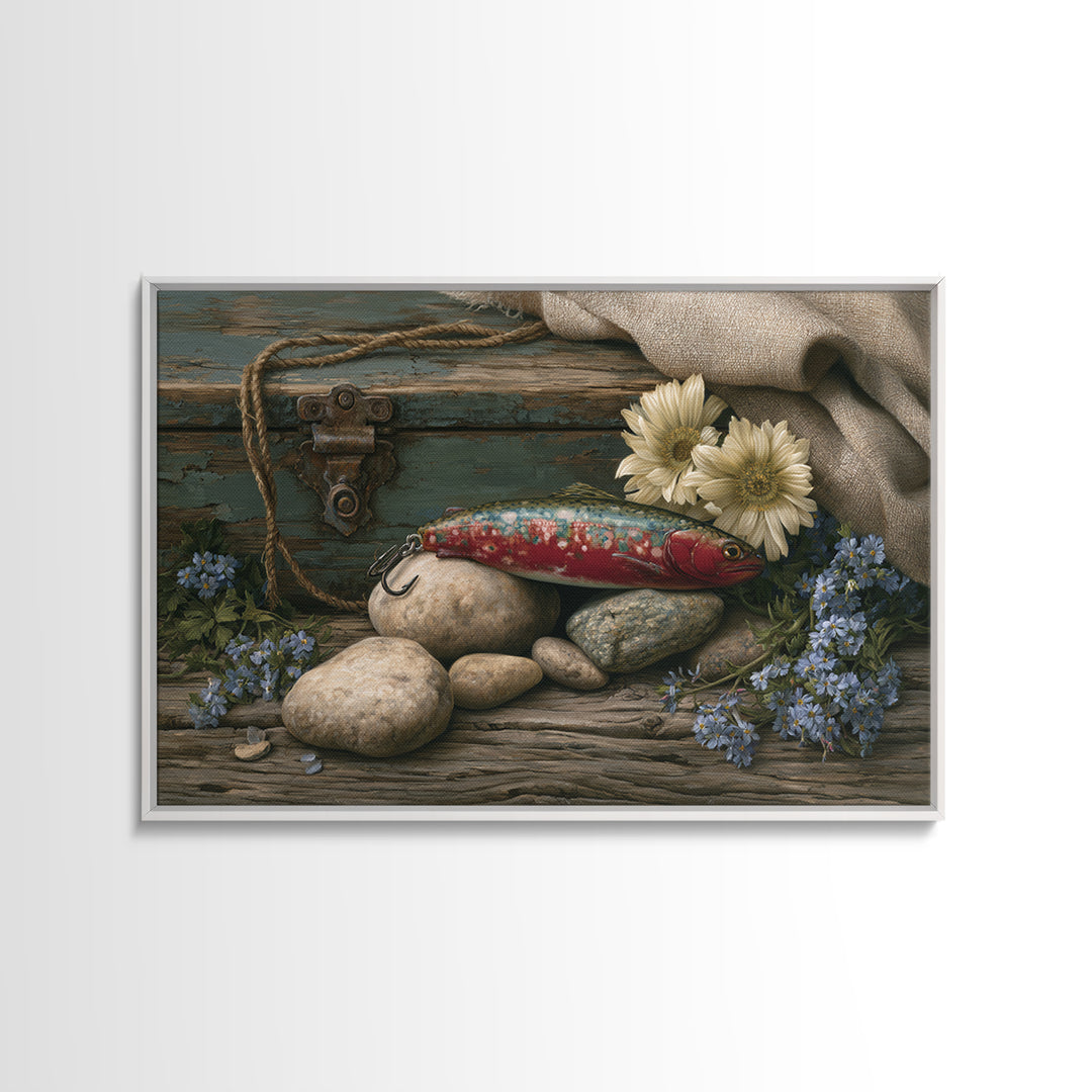 Trout Fishing Lure and River Stones Canvas Print, Rustic Art, Living Room Decor, Farmhouse Decor, Rustic, Landscape Wall Art, RUS-3x2-66