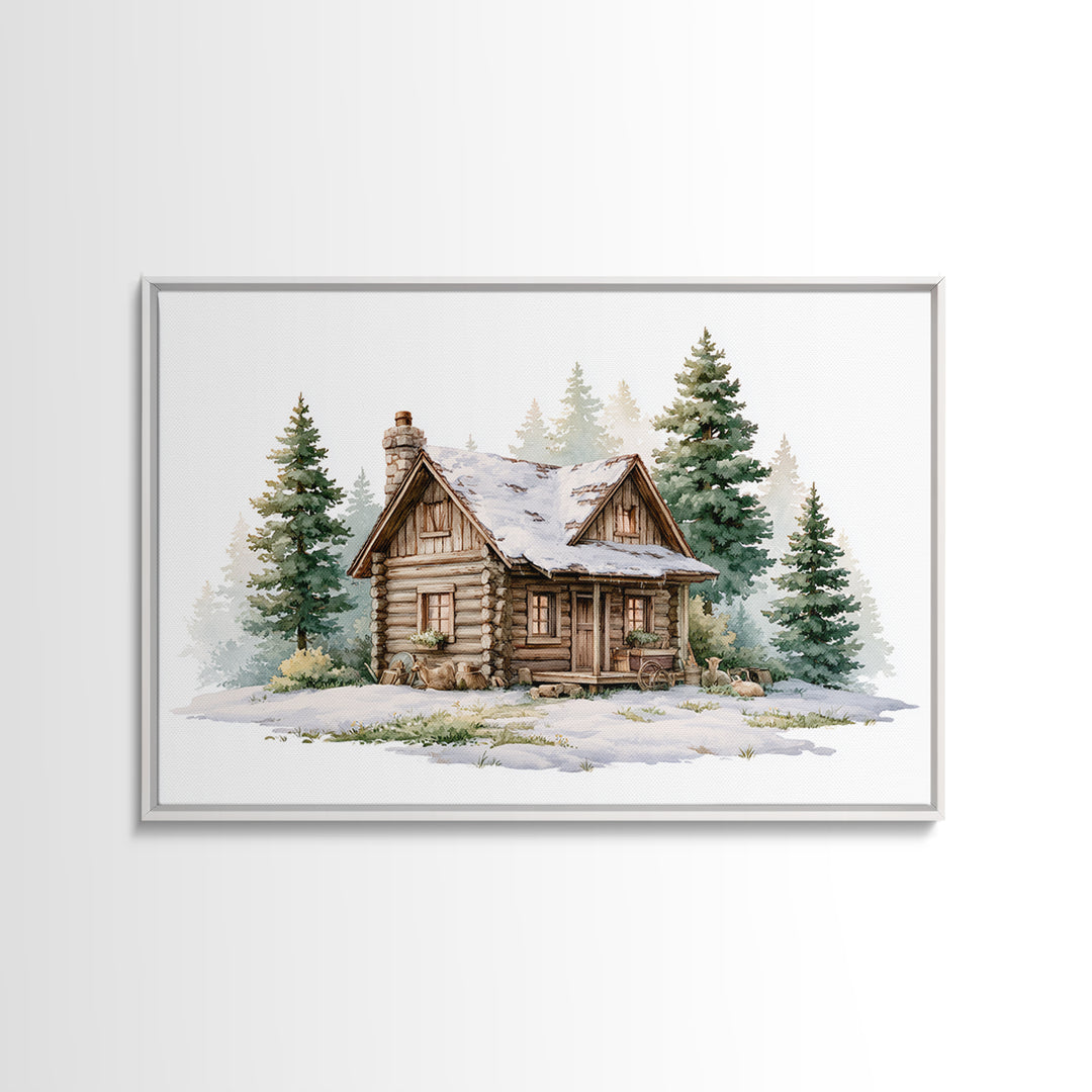 Log Cabin with Snowy Pines Canvas Print, Rustic Art, Textured Painting, Farmhouse Decor, Watercolor Art, Rustic, Digital Print, RUS-3x2-67