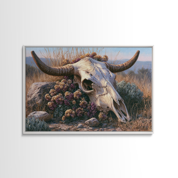 Cow Skull with Desert Flowers Framed Canvas Print, Rustic Art, Farmhouse Wall Art, Farmhouse Decor, Fine Art, Rustic, RUS-3x2-69