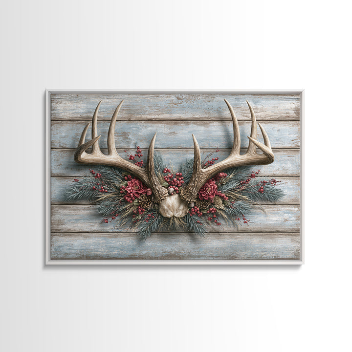 Deer Antlers with Pine Branches and Berries Framed Canvas Print, Rustic Art, Eclectic Wall Art, Farmhouse Decor, Watercolor Art, RUS-3x2-78