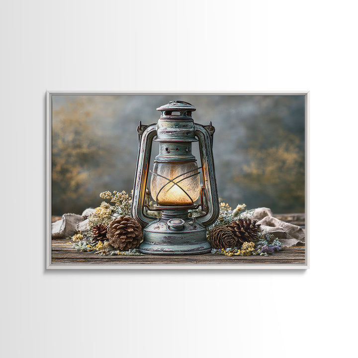 Rustic Lantern Glowing Beside Pinecones Framed Canvas Print, Rustic Art, Fine Art Print, Farmhouse Decor, Watercolor Art, RUS-3x2-80