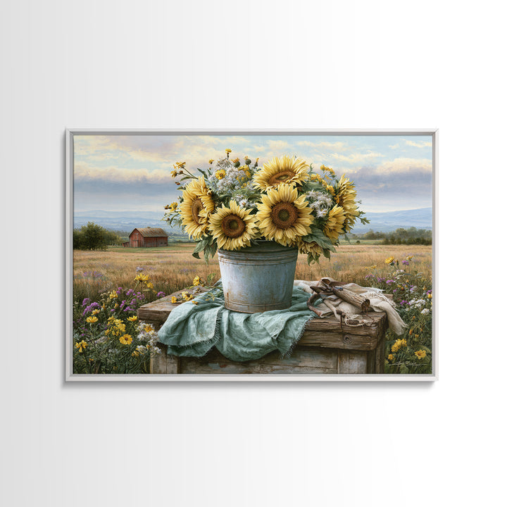 Sunflowers in a Metal Bucket Canvas Print, Rustic Art, Boho Decor, Farmhouse Decor, Oil Painting, Rustic, Digital Art, RUS-3x2-88