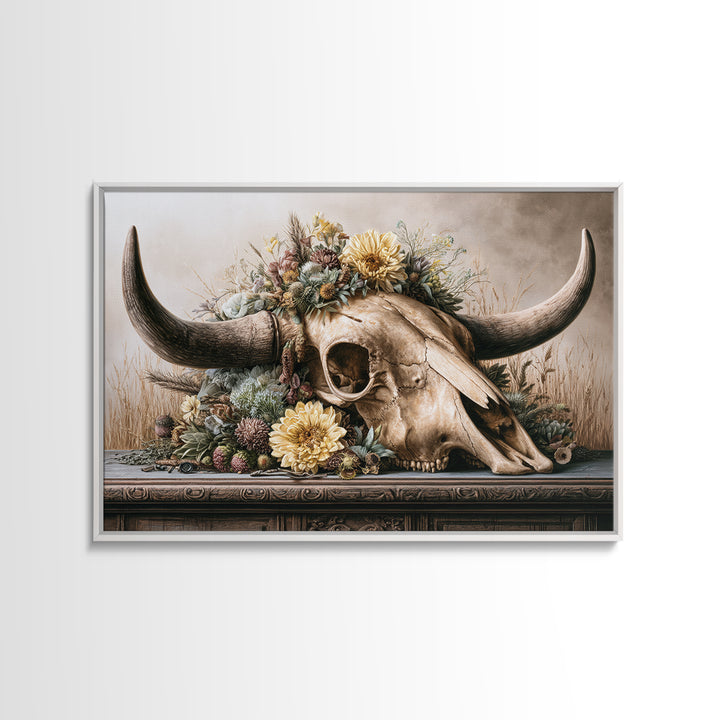 Cow Skull with Desert Flowers Canvas Print, Rustic Art, Living Room Art, Farmhouse Decor, Oil Painting, Rustic, RUS-3x2-93