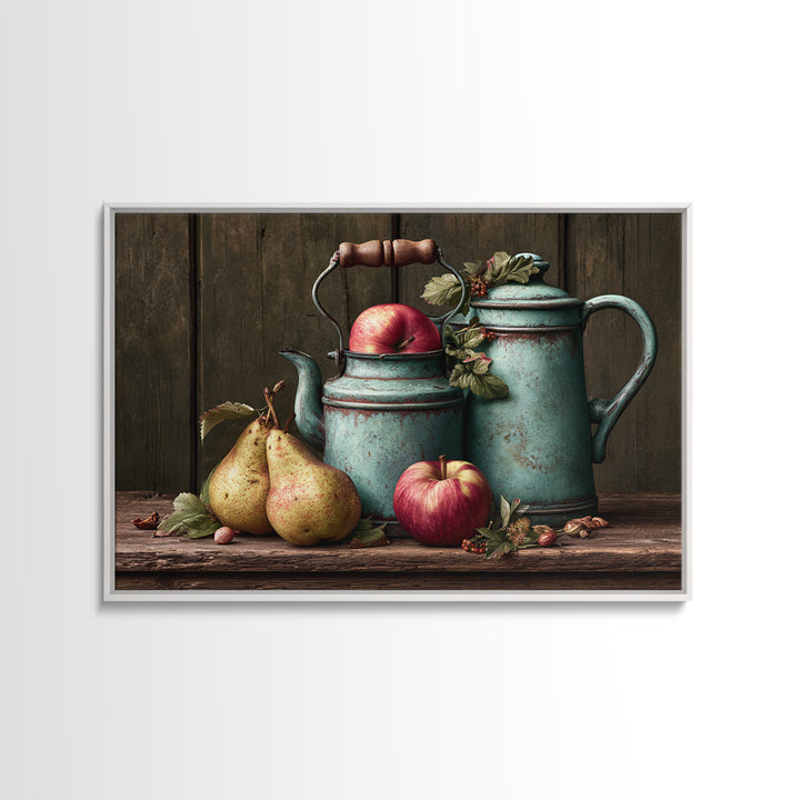 Rustic Pear and Apple Still Life Framed Canvas Print, Rustic Art, Gallery Wall Set, Farmhouse Decor, Watercolor Art, Rustic, RUS-3x2-97