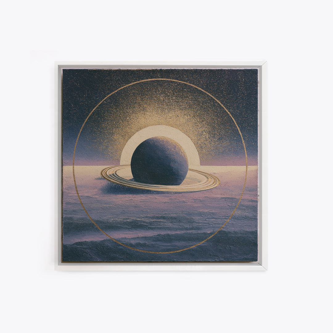 Ringed Planet Rising Framed Canvas Print, Space Art, Retro Wall Art, Spa Decor, Oil Painting, Serenity, Textured Painting, SAR-1x1-2