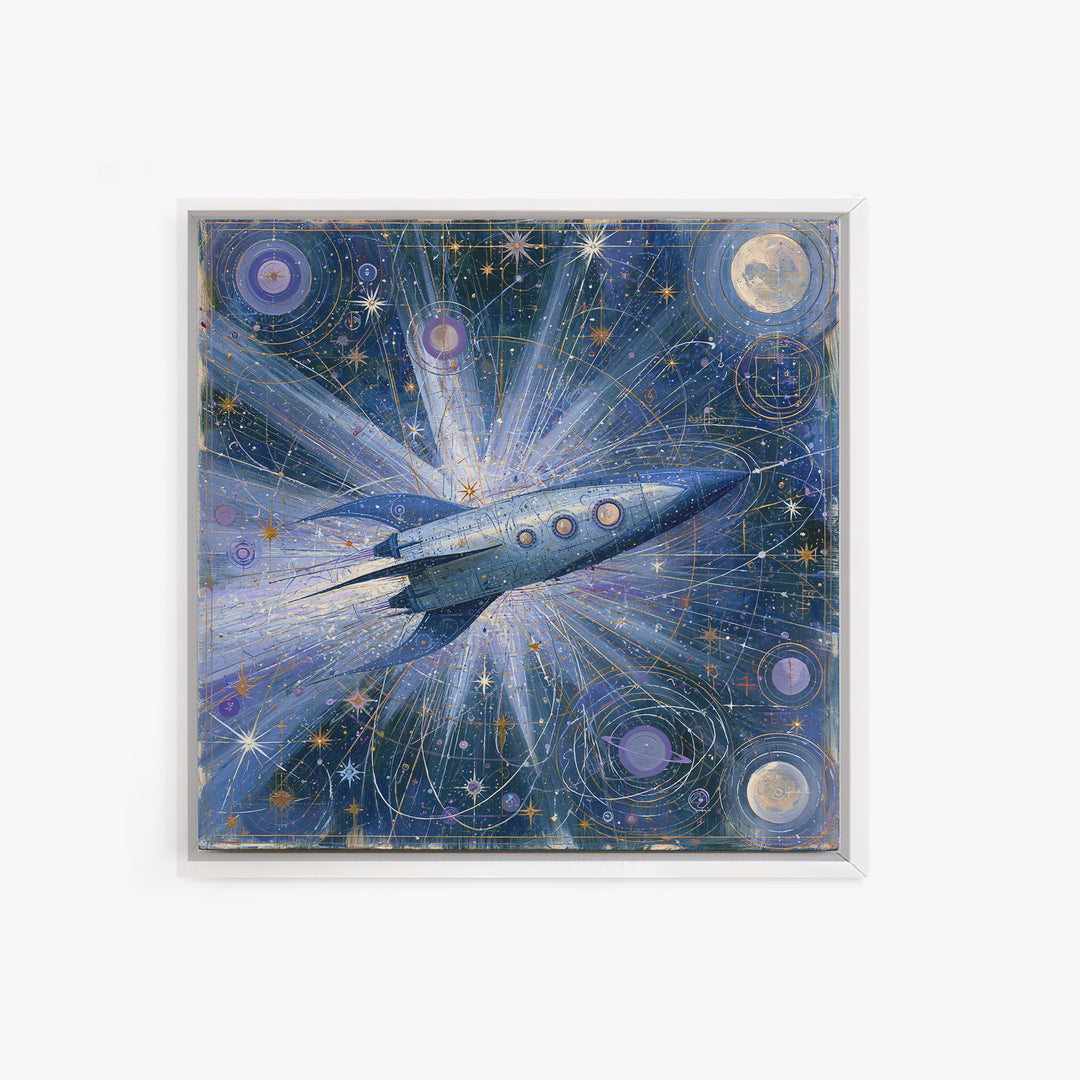 Rocket Ship Crossing a Retro Star Field Framed Canvas Print, Space Art, Fine Art Print, Spa Decor, Watercolor Art, Serenity, SAR-1x1-34