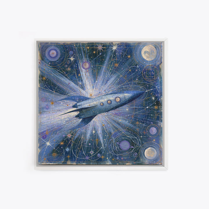 Rocket Ship Crossing a Retro Star Field Framed Canvas Print, Space Art, Fine Art Print, Spa Decor, Watercolor Art, Serenity, SAR-1x1-34
