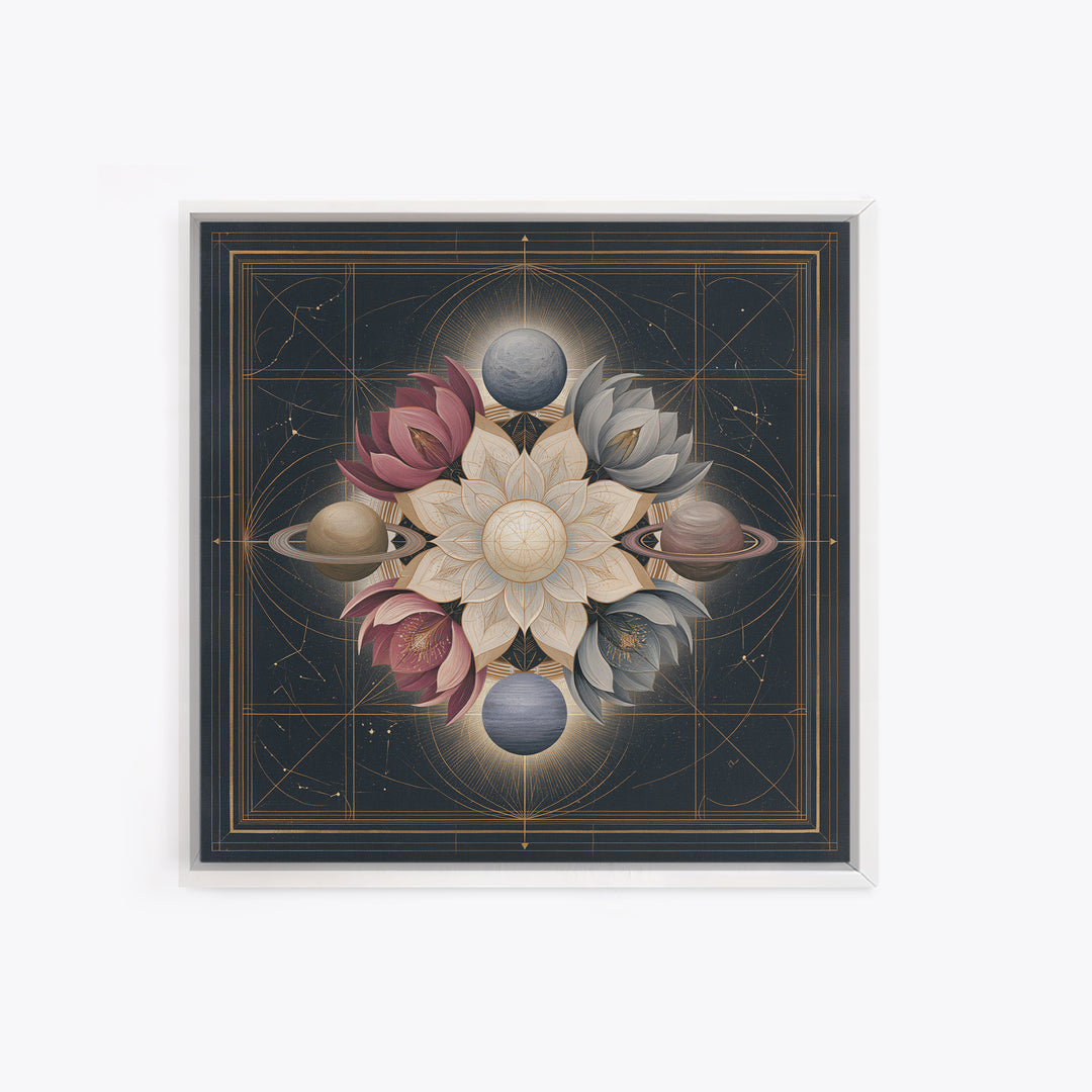 Cosmic Garden with Planets as Flowers Framed Canvas Print, Space Art, Contemporary Art, Spa Decor, Fine Art, Serenity, SAR-1x1-61