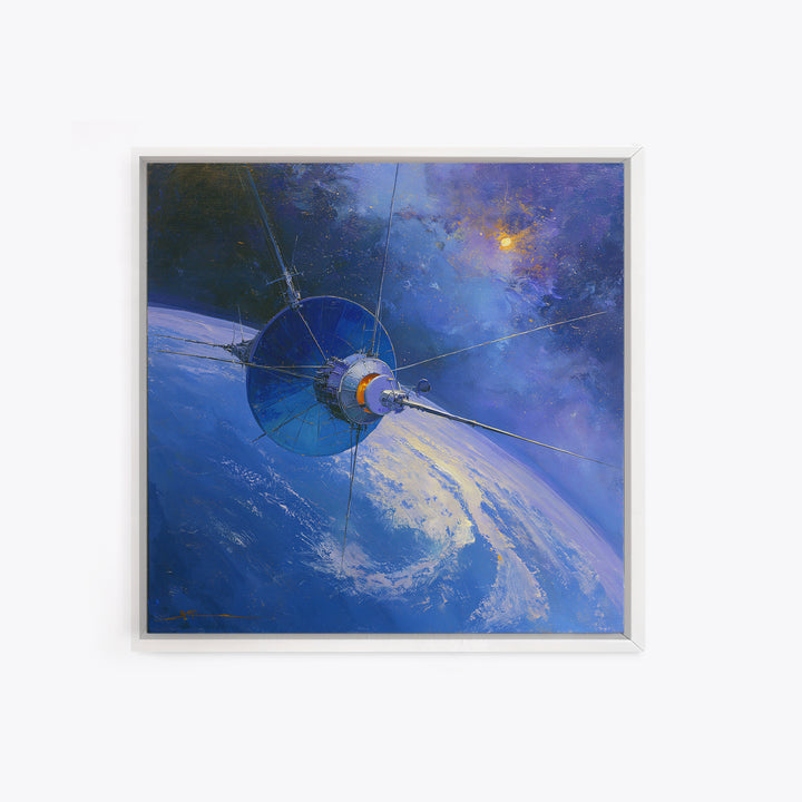 Satellite Orbiting Above Blue Planet Framed Canvas Print, Space Art, Retro Wall Art, Spa Decor, Abstract Art, Serenity, SAR-1x1-84