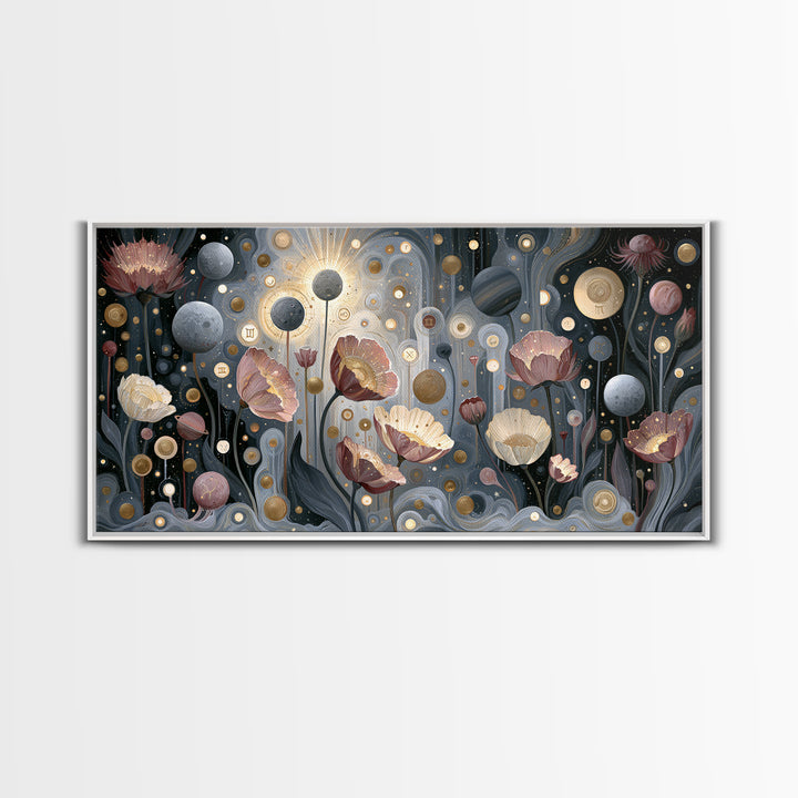 Cosmic Garden with Planets as Flowers Framed Canvas Print, Space Art, Digital Art, Spa Decor, Watercolor Art, Serenity, SAR-2x1-33
