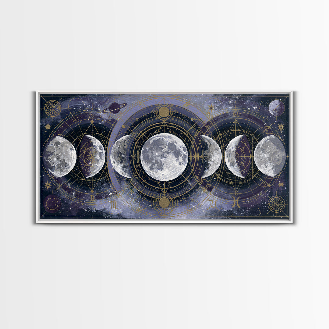 Moon Phases in Elegant Monochrome Framed Canvas Print, Space Art, Printable Wall Art, Spa Decor, Serenity, Retro Wall Art, SAR-2x1-37