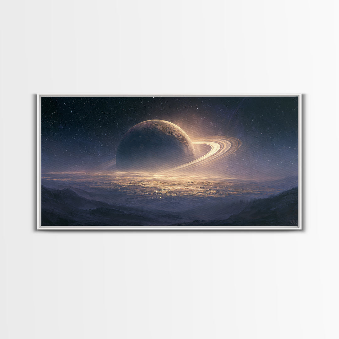 Ringed Planet Rising Framed Canvas Print, Space Art, Posters, Spa Decor, Fine Art, Serenity, Abstract Art, Printable Art, SAR-2x1-46