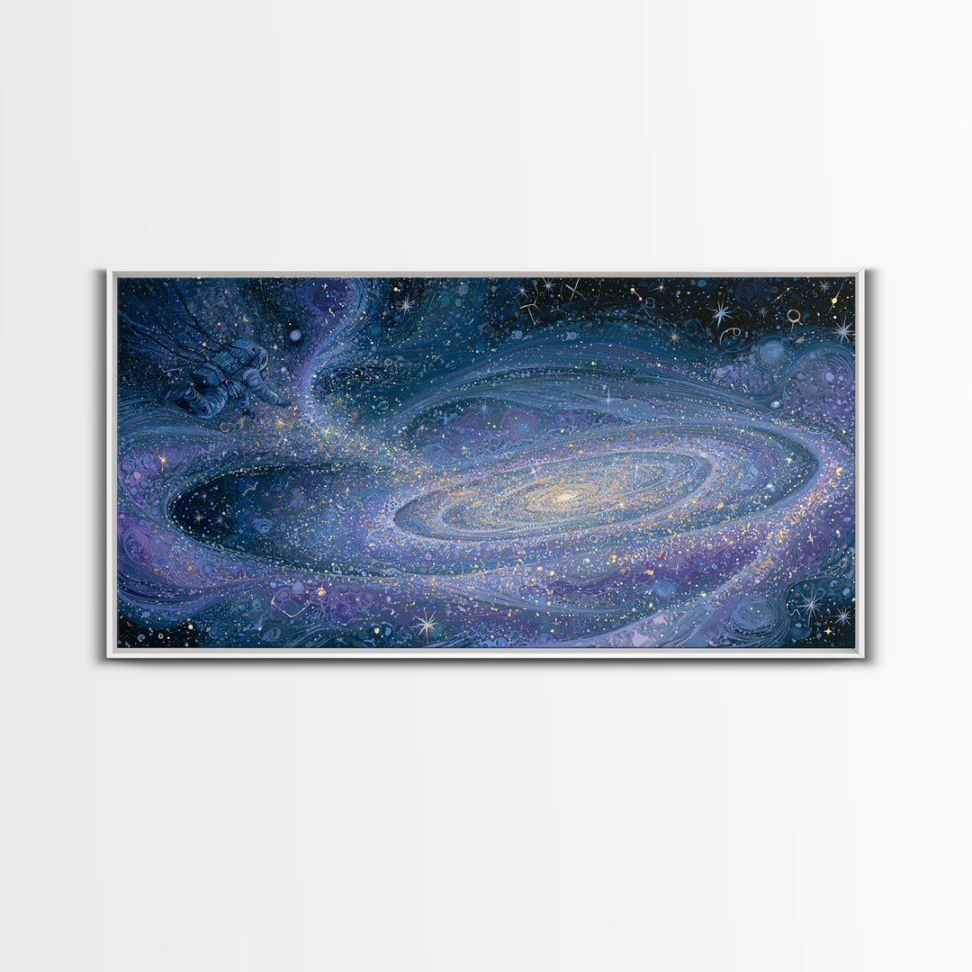 Astronaut Floating Near a Glowing Galaxy Canvas Print, Space Art, Spa Decor, Oil Painting, Serenity, Minimalist Wall Art, SAR-2x1-47