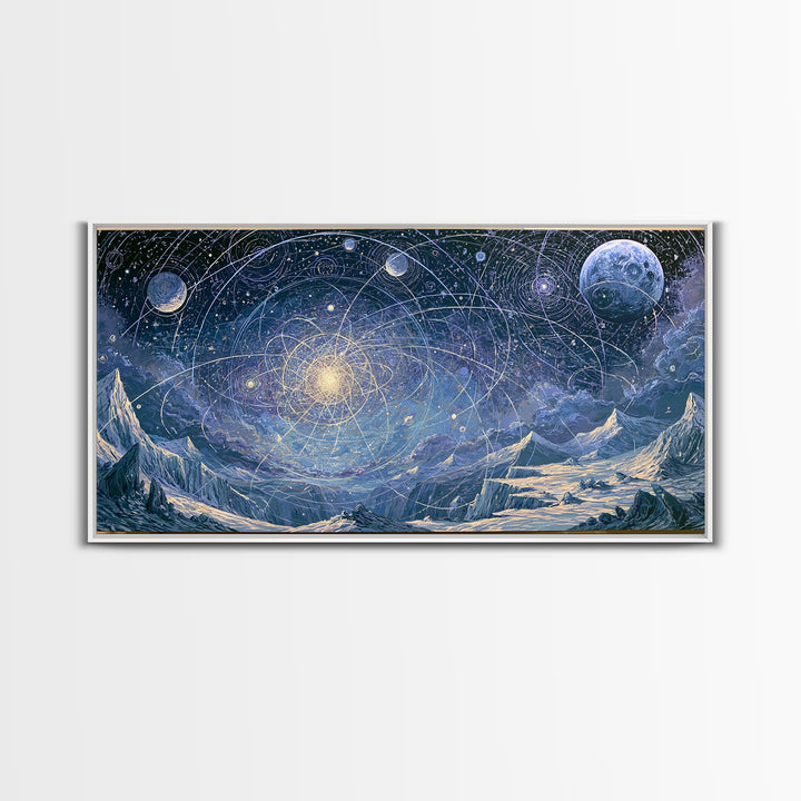 Alien Moonrise over Icy Cliffs Framed Canvas Print, Space Art, Printable Wall Art, Spa Decor, Oil Painting, Serenity, SAR-2x1-90