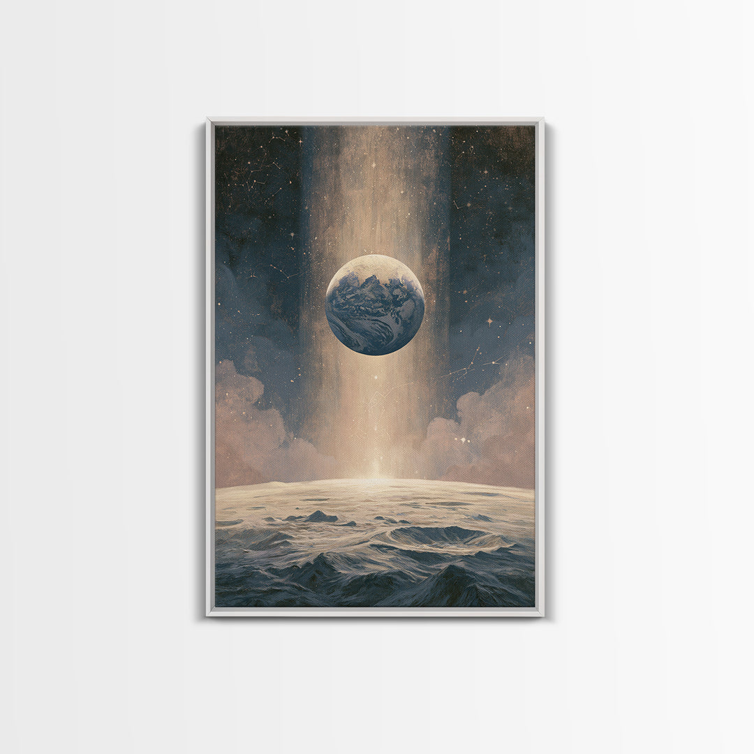 Moon Surface with Earth Hanging Above Framed Canvas Print, Space Art, Canvas Wall Art, Spa Decor, Fine Art, Serenity, SAR-2x3-37