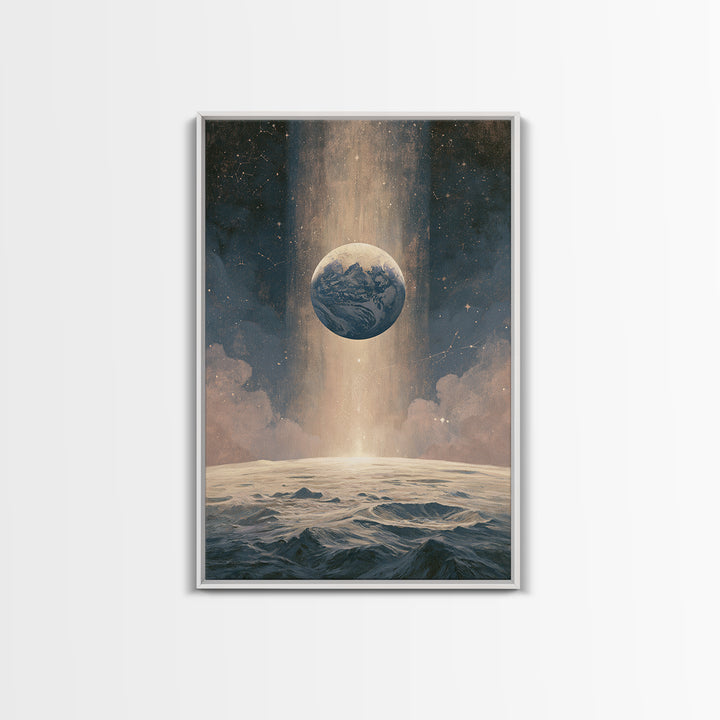 Moon Surface with Earth Hanging Above Framed Canvas Print, Space Art, Canvas Wall Art, Spa Decor, Fine Art, Serenity, SAR-2x3-37