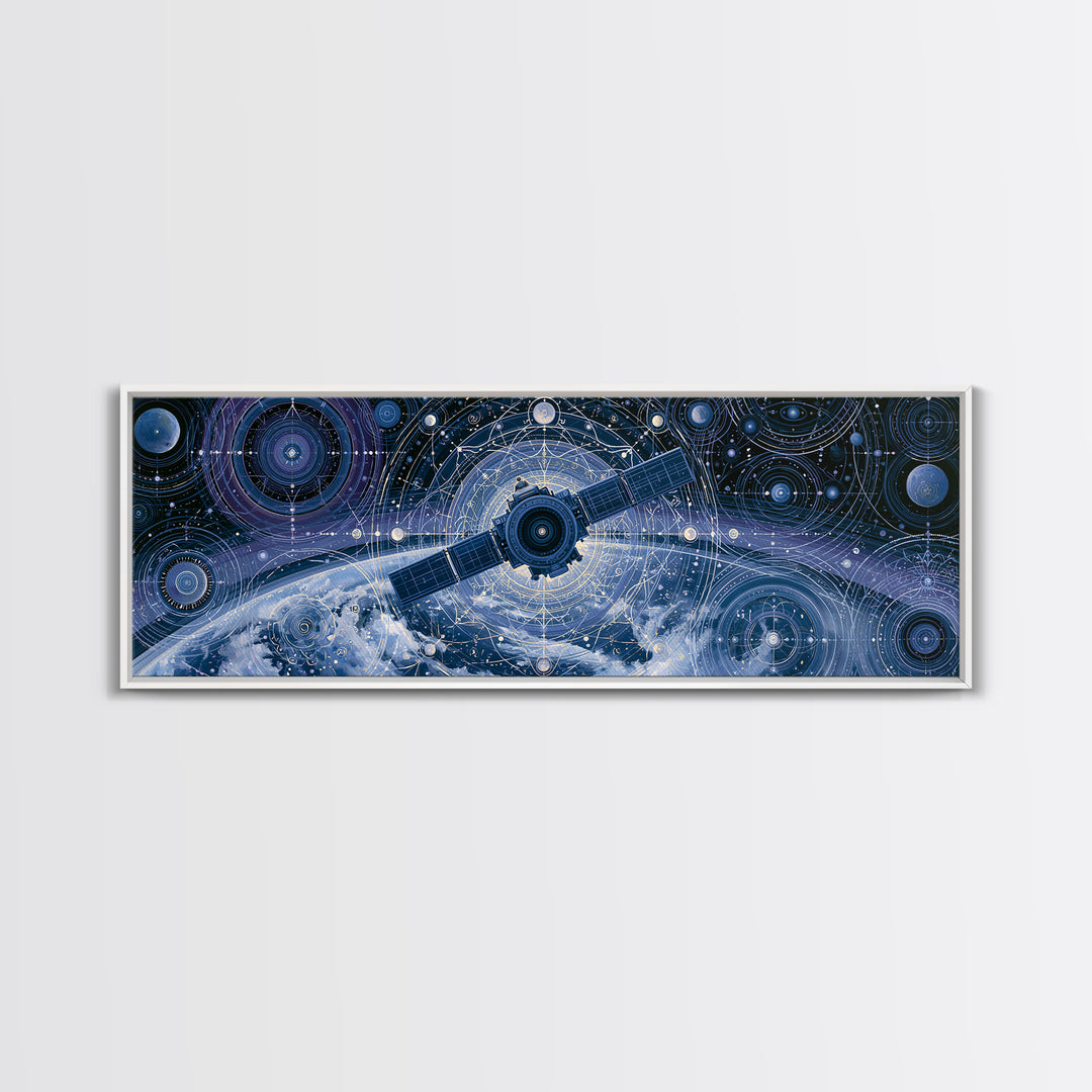Satellite Orbiting Above Blue Planet Canvas Print, Space Art, Painting, Spa Decor, Abstract Art, Serenity, Canvas Wall Art, SAR-3x1-100
