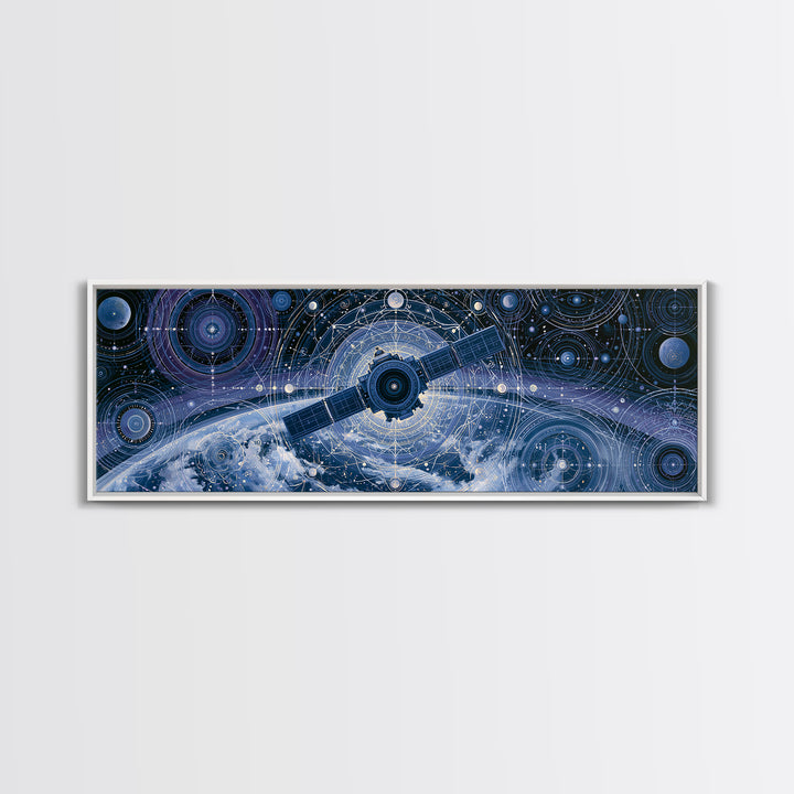 Satellite Orbiting Above Blue Planet Canvas Print, Space Art, Painting, Spa Decor, Abstract Art, Serenity, Canvas Wall Art, SAR-3x1-100