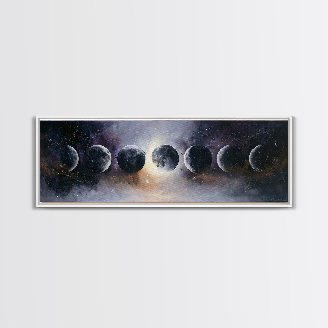 Moon Phases in Elegant Monochrome Framed Canvas Print, Space Art, Statement Artwork, Spa Decor, Fine Art, Serenity, Wall Decor, SAR-3x1-57