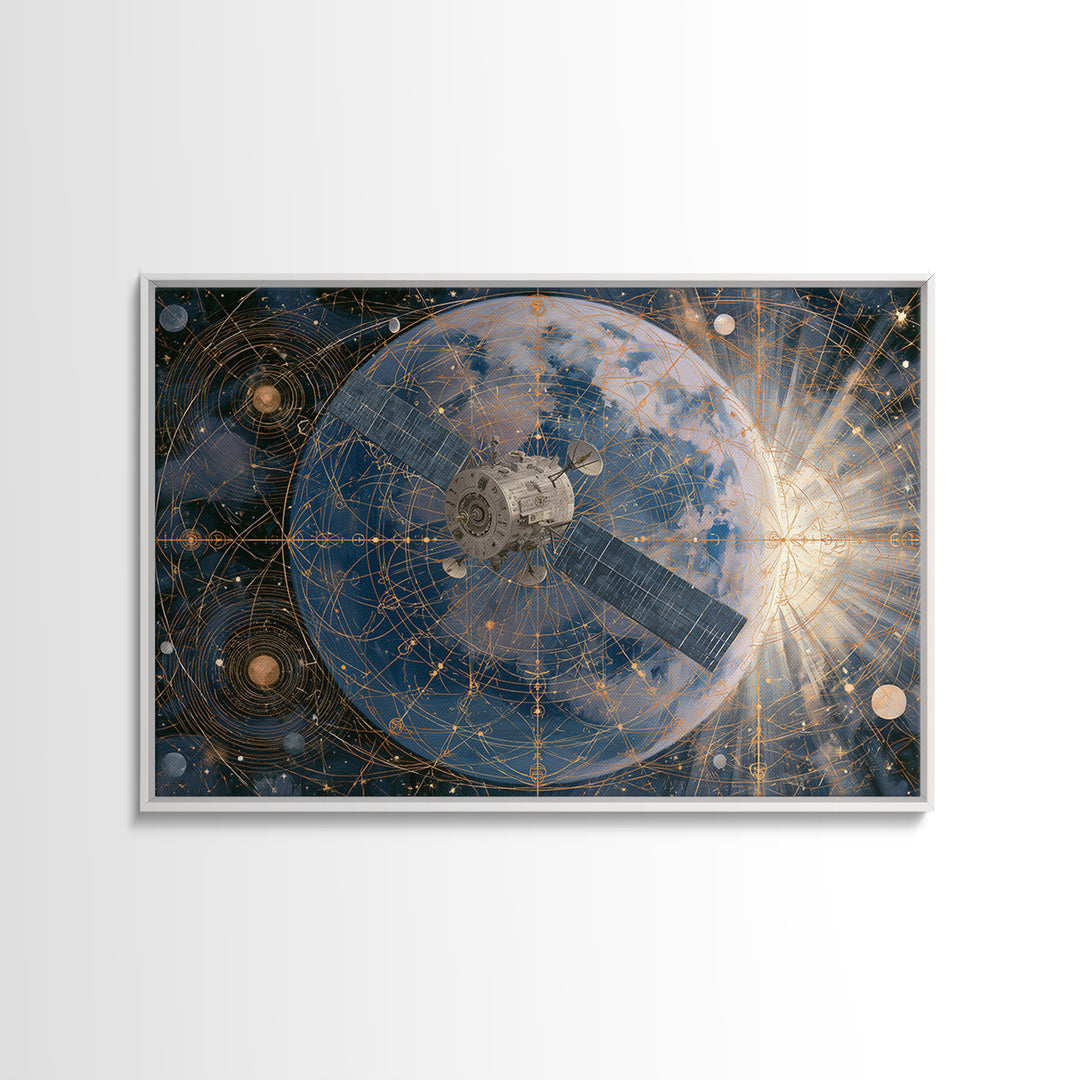 Satellite Orbiting Above Blue Planet Framed Canvas Print, Space Art, Textured Painting, Spa Decor, Oil Painting, Serenity, SAR-3x2-40