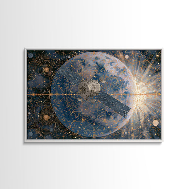 Satellite Orbiting Above Blue Planet Framed Canvas Print, Space Art, Textured Painting, Spa Decor, Oil Painting, Serenity, SAR-3x2-40
