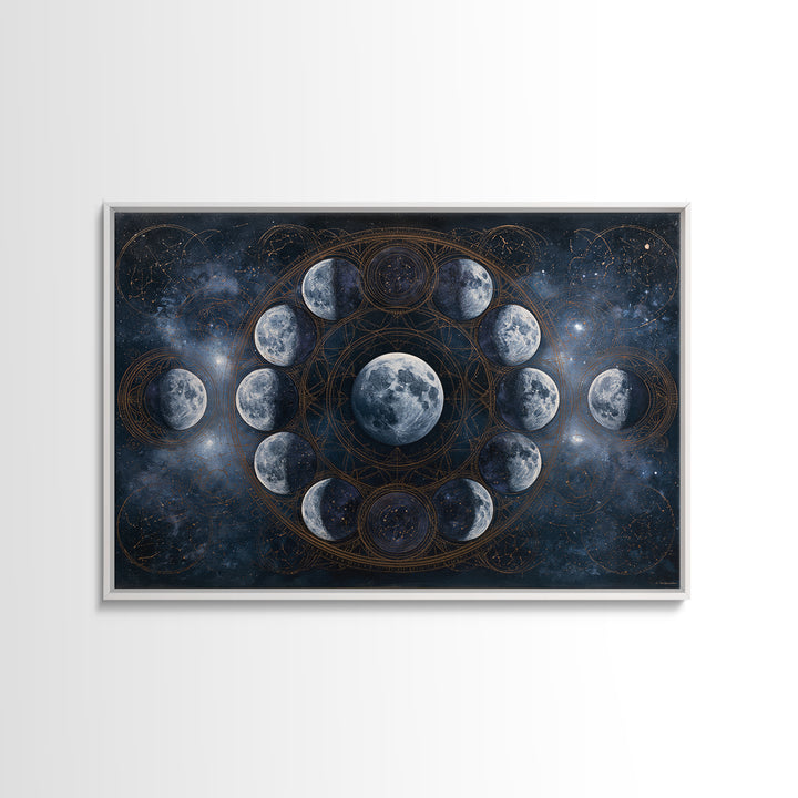 Moon Phases in Elegant Monochrome Framed Canvas Print, Space Art, Textured Painting, Spa Decor, Fine Art, Serenity, Art Prints, SAR-3x2-45