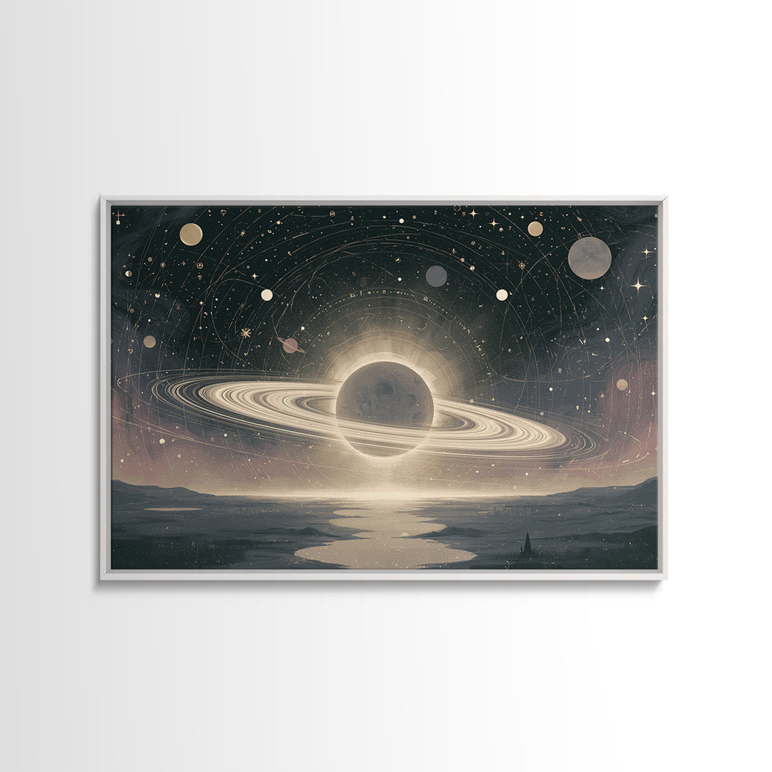 Ringed Planet Rising Framed Canvas Print, Space Art, Space, Spa Decor, Fine Art, Serenity, Statement Artwork, Boho Decor, SAR-3x2-6
