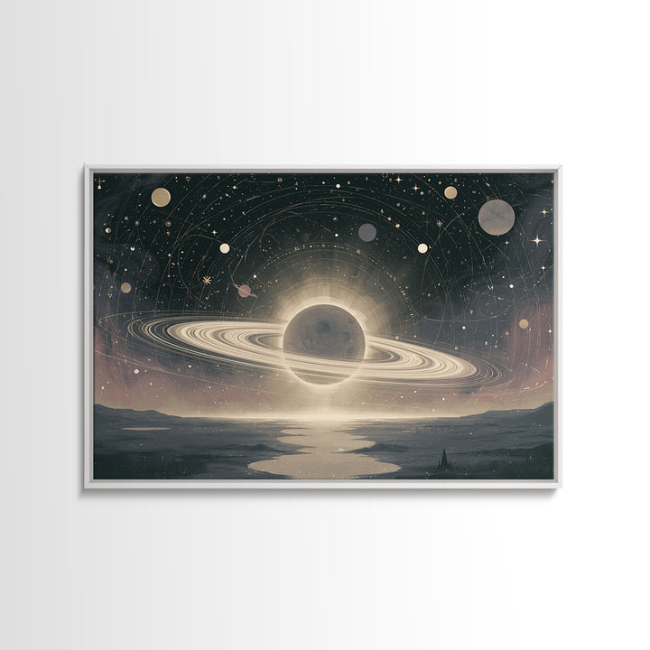 Ringed Planet Rising Framed Canvas Print, Space Art, Space, Spa Decor, Fine Art, Serenity, Statement Artwork, Boho Decor, SAR-3x2-6