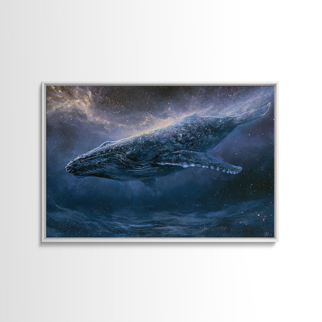 Space Whale Swimming Through Star Dust Framed Canvas Print, Space Art, Posters, Spa Decor, Fine Art, Serenity, Abstract Art, SAR-3x2-60