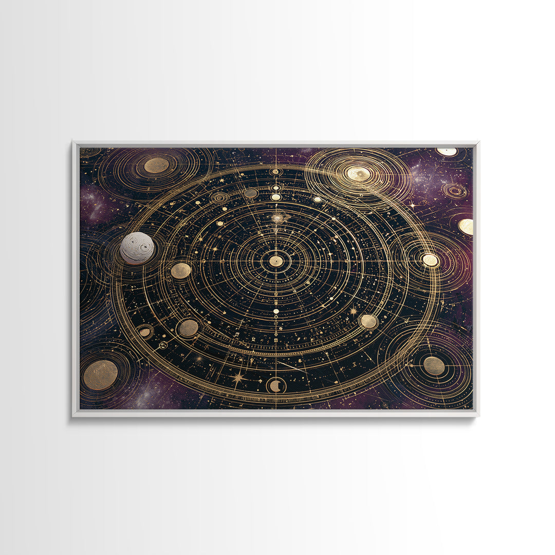 Solar System Arrangement Framed Canvas Print, Space Art, Spa Decor, Watercolor Art, Serenity, Living Room Wall Art, SAR-3x2-80