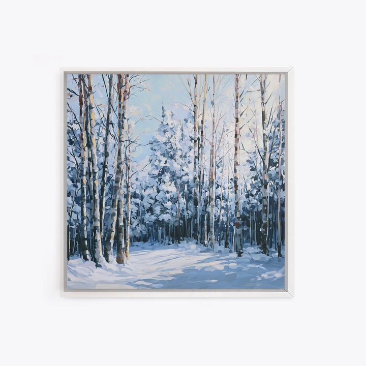 Snowy Nordic Forest Framed Canvas Print, Scandinavian Art, Textured Painting, Living Room Decor, Nordic, Christmas Decor, SCA-1x1-1