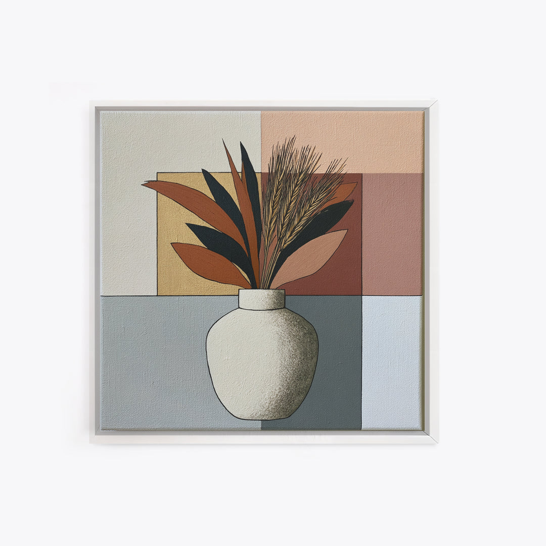 Ceramic Vase with Dried Grasses Framed Canvas Print, Scandinavian Art, Living Room Decor, Oil Painting, Nordic, SCA-1x1-37