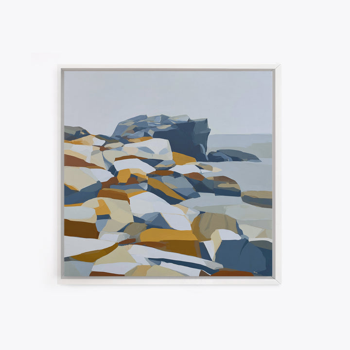 Quiet Coastal Rocks and Gray Sea Framed Canvas Print, Scandinavian Art, Living Room Decor, Fine Art, Nordic, Gallery Decor, SCA-1x1-47