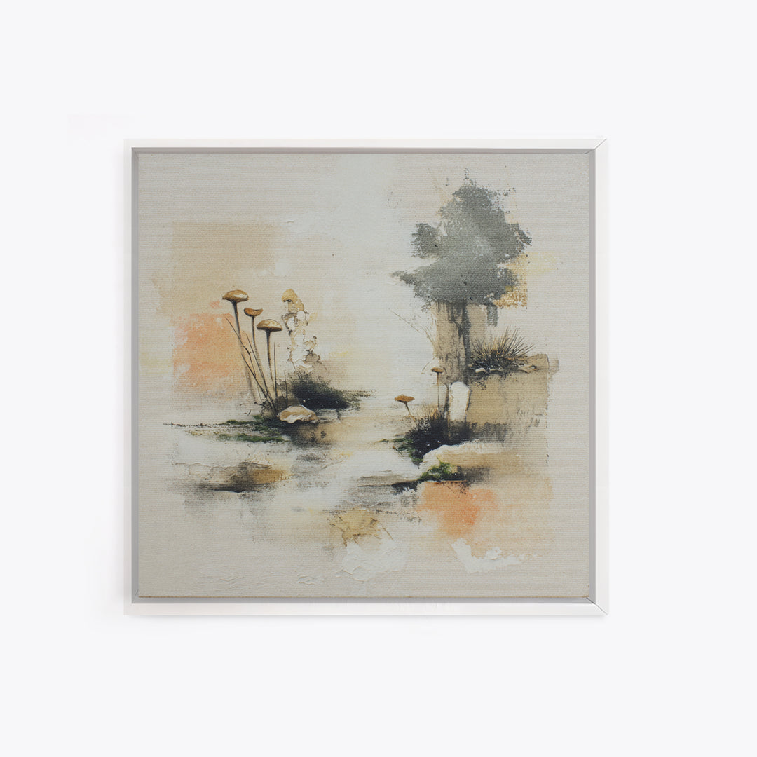 Simple Mushroom and Moss Forest Study Framed Canvas Print, Scandinavian Art, Decor, Living Room Decor, Oil Painting, Nordic, SCA-1x1-48