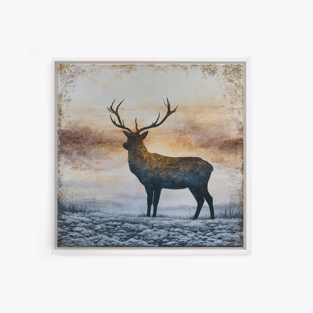 Reindeer Silhouette in Snowy Landscape Framed Canvas Print, Scandinavian Art, Abstract Painting, Living Room Decor, Nordic, SCA-1x1-6
