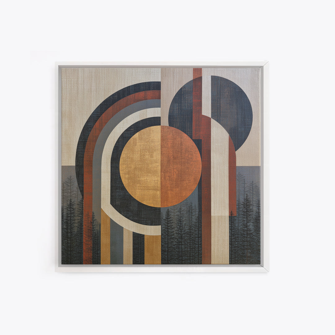 Minimal Sun over Pine Forest Framed Canvas Print, Scandinavian Art, Wall Art, Living Room Decor, Oil Painting, Nordic, SCA-1x1-65