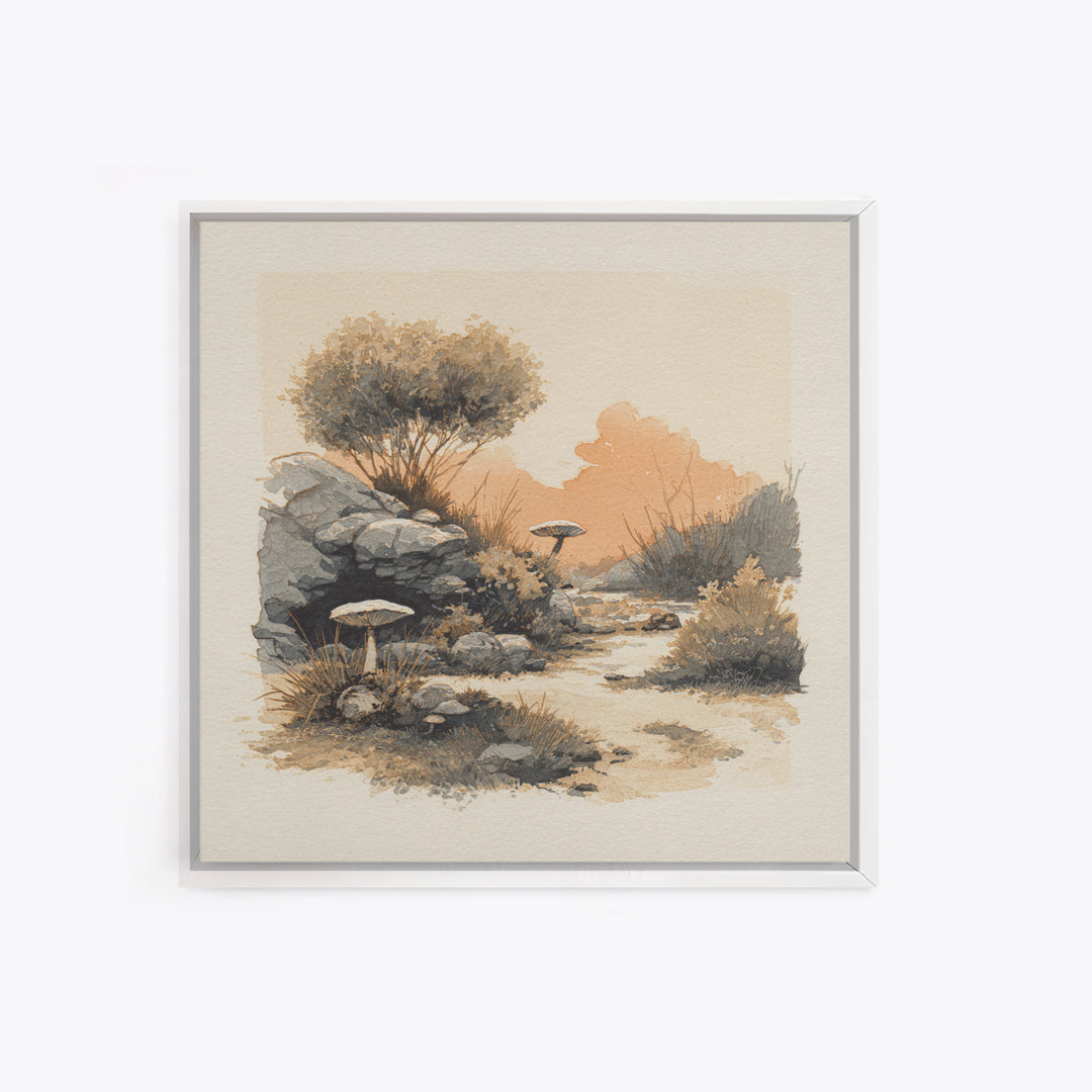 Simple Mushroom and Moss Forest Study Framed Canvas Print, Scandinavian Art, Abstract Painting, Living Room Decor, Nordic, SCA-1x1-72