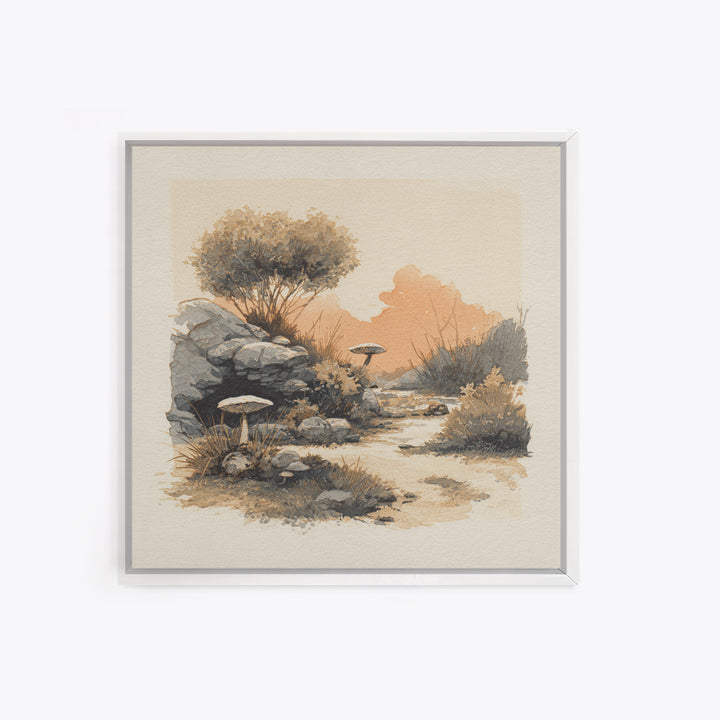Simple Mushroom and Moss Forest Study Framed Canvas Print, Scandinavian Art, Abstract Painting, Living Room Decor, Nordic, SCA-1x1-72