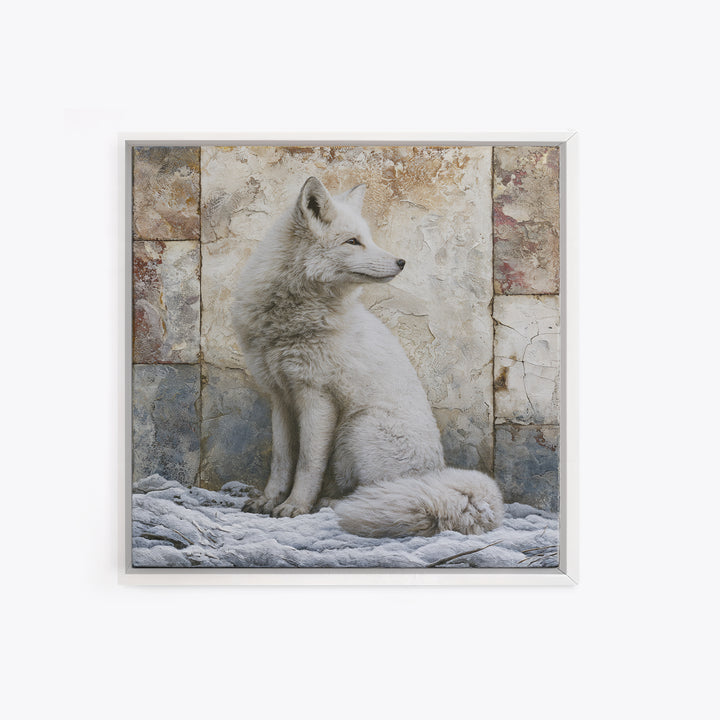 White Fox in Quiet Snow Framed Canvas Print, Scandinavian Art, Living Room Wall Art, Living Room Decor, Abstract Art, Nordic, SCA-1x1-84