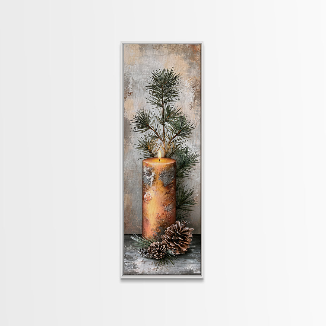 Hygge Candle and Pine Branch Still Life Canvas Print, Scandinavian Art, Original Painting, Living Room Decor, Fine Art, Nordic, SCA-1x3-16