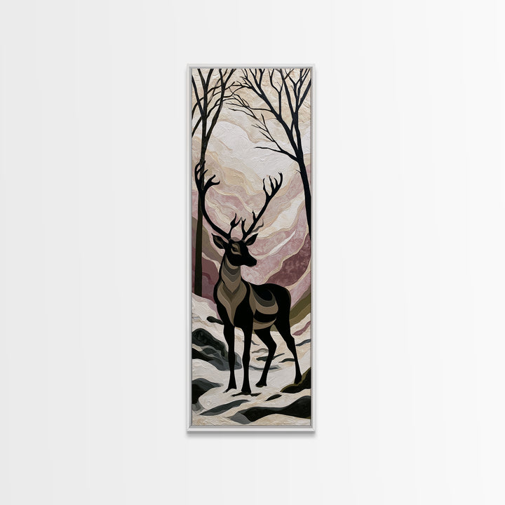 Reindeer Silhouette in Snowy Landscape Canvas Print, Scandinavian Art, Luxury Decor, Living Room Decor, Oil Painting, Nordic, SCA-1x3-18