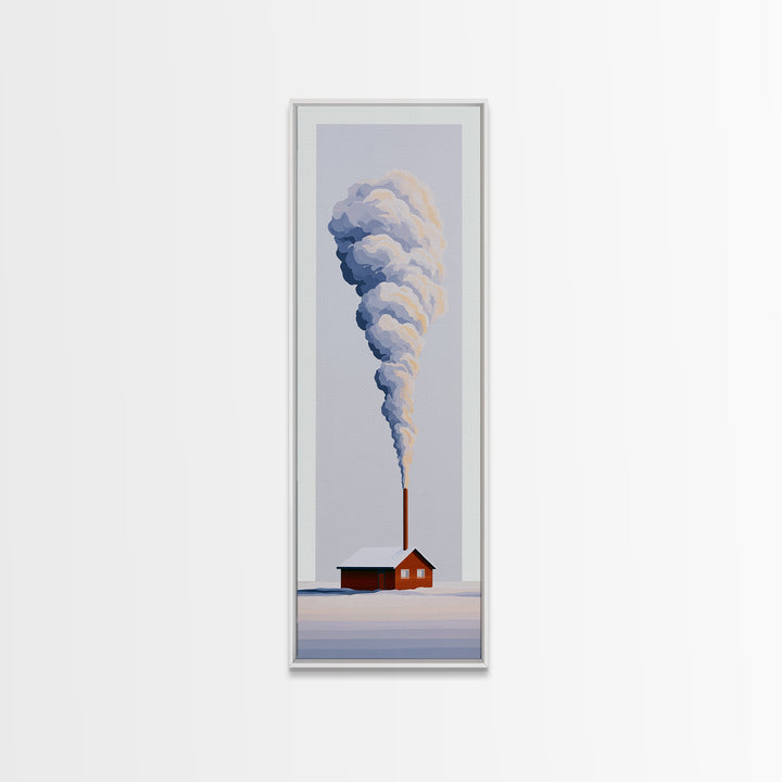 Winter Cabin Smoke Framed Canvas Print, Scandinavian Art, Fine Art Print, Living Room Decor, Oil Painting, Nordic, Printable, SCA-1x3-54