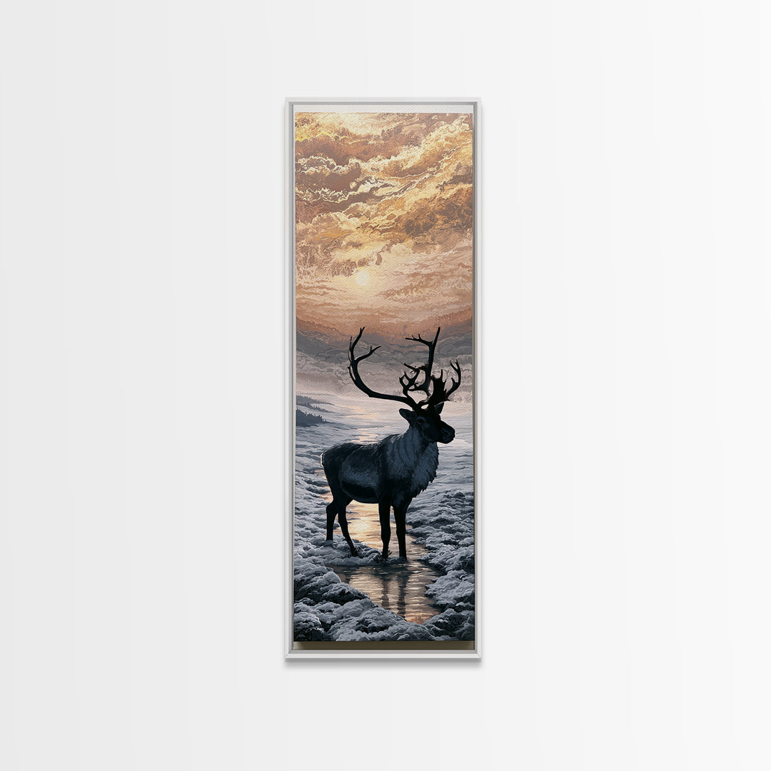Reindeer Silhouette in Snowy Landscape Framed Canvas Print, Scandinavian Art, Wall Art, Living Room Decor, Fine Art, Nordic, SCA-1x3-66