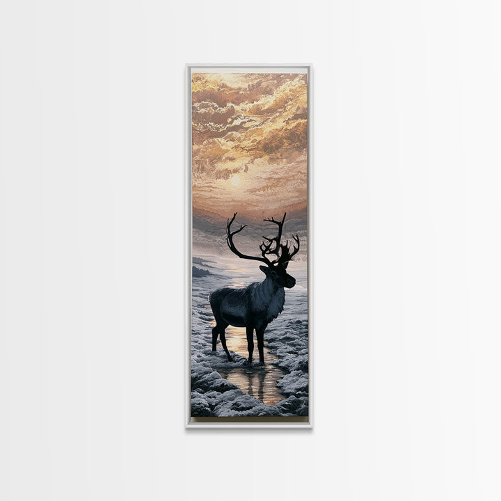 Reindeer Silhouette in Snowy Landscape Framed Canvas Print, Scandinavian Art, Wall Art, Living Room Decor, Fine Art, Nordic, SCA-1x3-66
