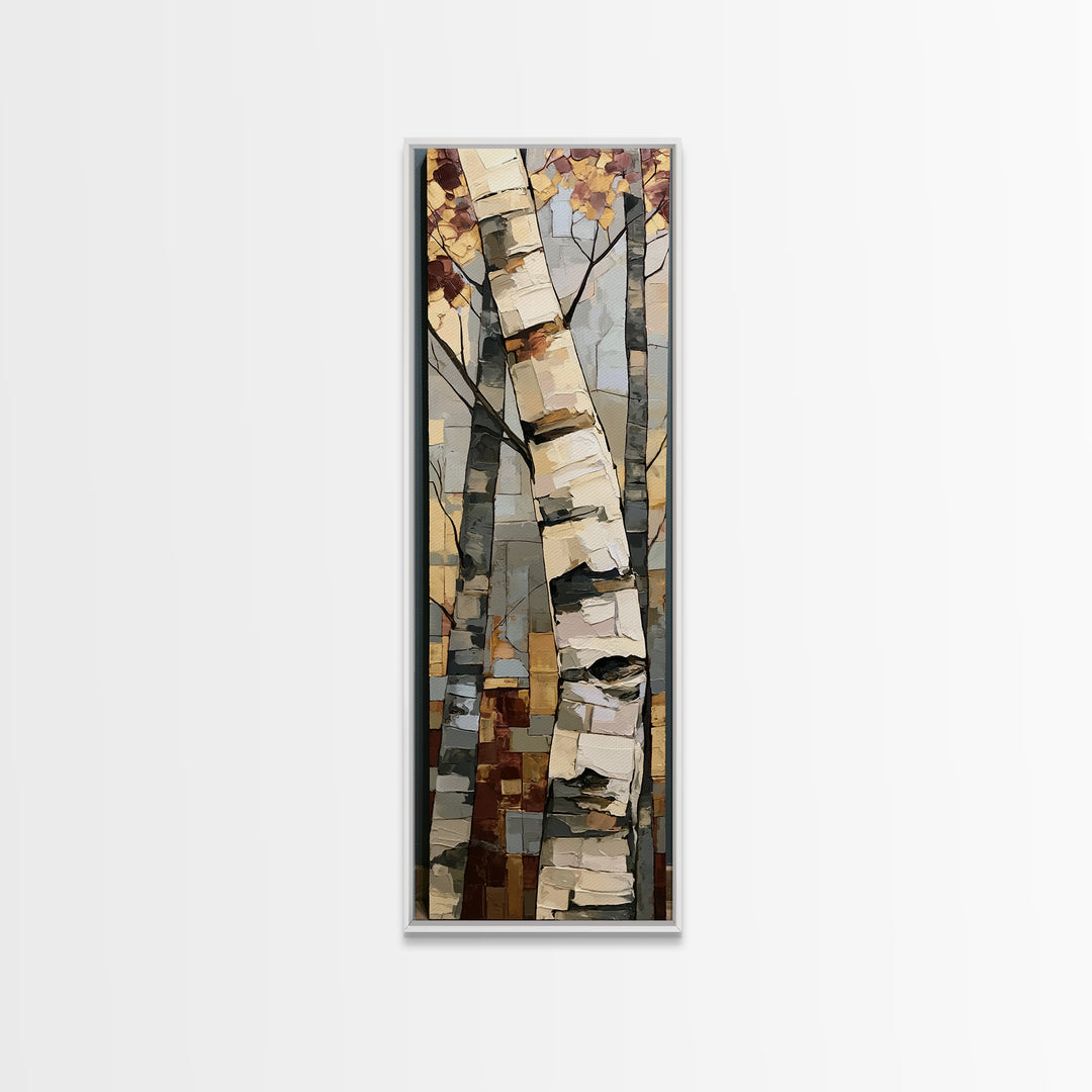 Birch Tree Trunks Framed Canvas Print, Scandinavian Art, Mid Century Modern, Living Room Decor, Oil Painting, Nordic, SCA-1x3-69