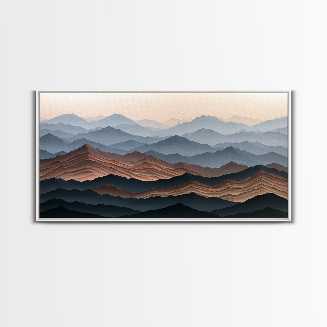 Muted Mountain Layers Framed Canvas Print, Scandinavian Art, Boho Wall Decor, Living Room Decor, Oil Painting, Nordic, SCA-2x1-100