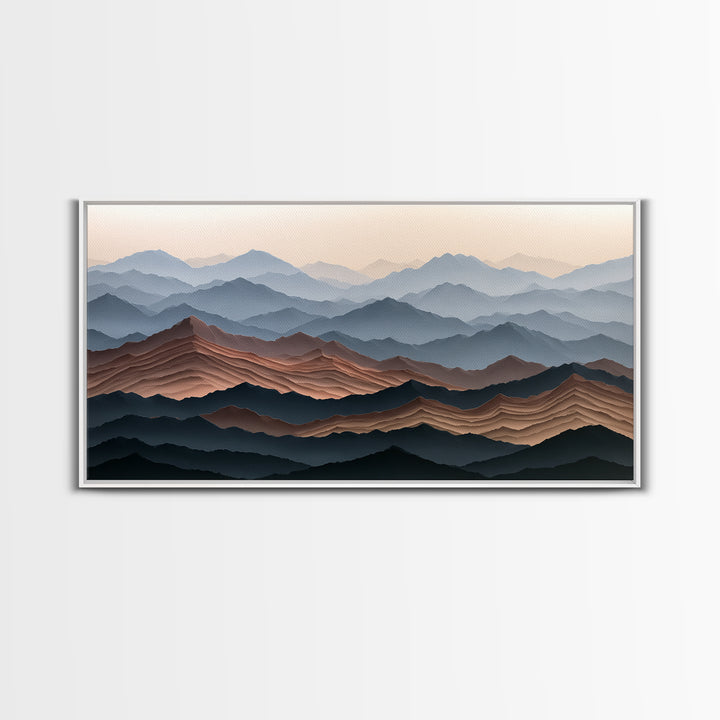Muted Mountain Layers Framed Canvas Print, Scandinavian Art, Boho Wall Decor, Living Room Decor, Oil Painting, Nordic, SCA-2x1-100