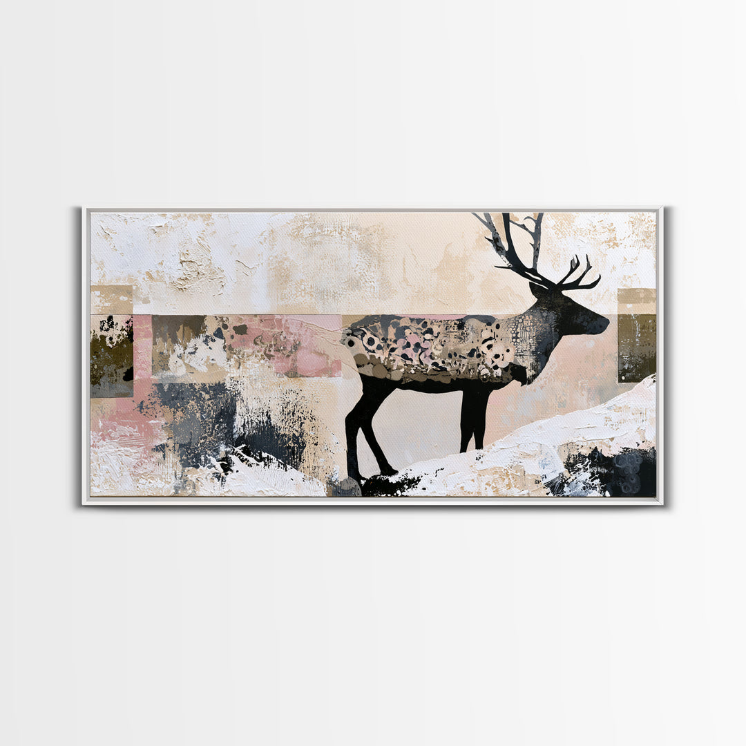 Reindeer Silhouette in Snowy Landscape Canvas Print, Scandinavian Art, Art, Living Room Decor, Fine Art, Nordic, Abstract Art, SCA-2x1-2