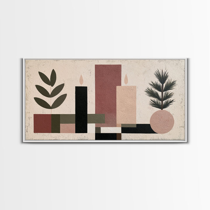 Hygge Candle and Pine Branch Still Life Framed Canvas Print, Scandinavian Art, Living Room Decor, Oil Painting, Nordic, SCA-2x1-24