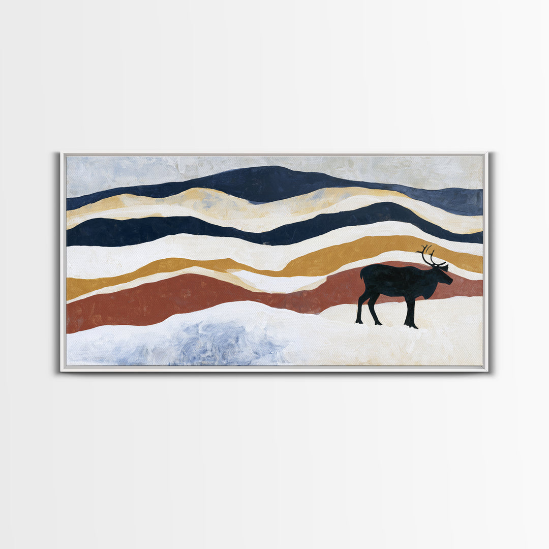 Reindeer Silhouette in Snowy Landscape Canvas Print, Scandinavian Art, Art, Living Room Decor, Fine Art, Nordic, Abstract Art, SCA-2x1-26